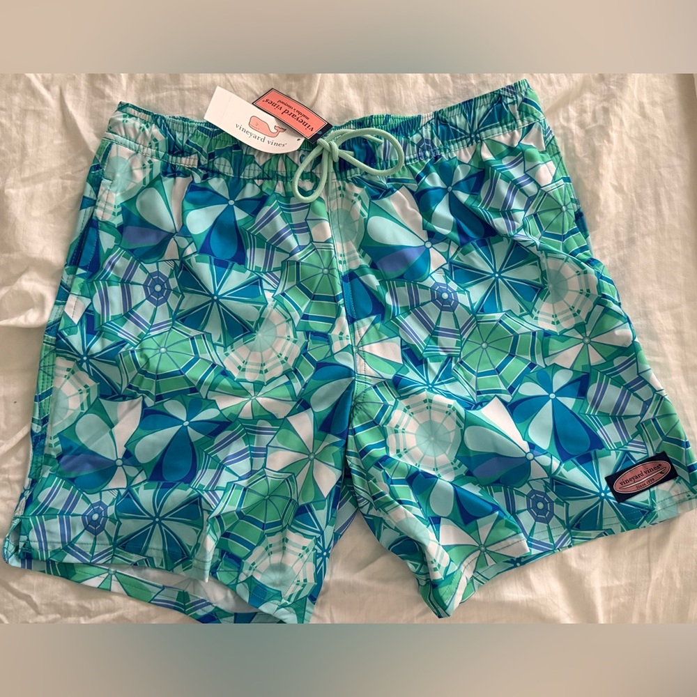 Vineyard Vines Teal and Aqua Patterned Swim Trunks
